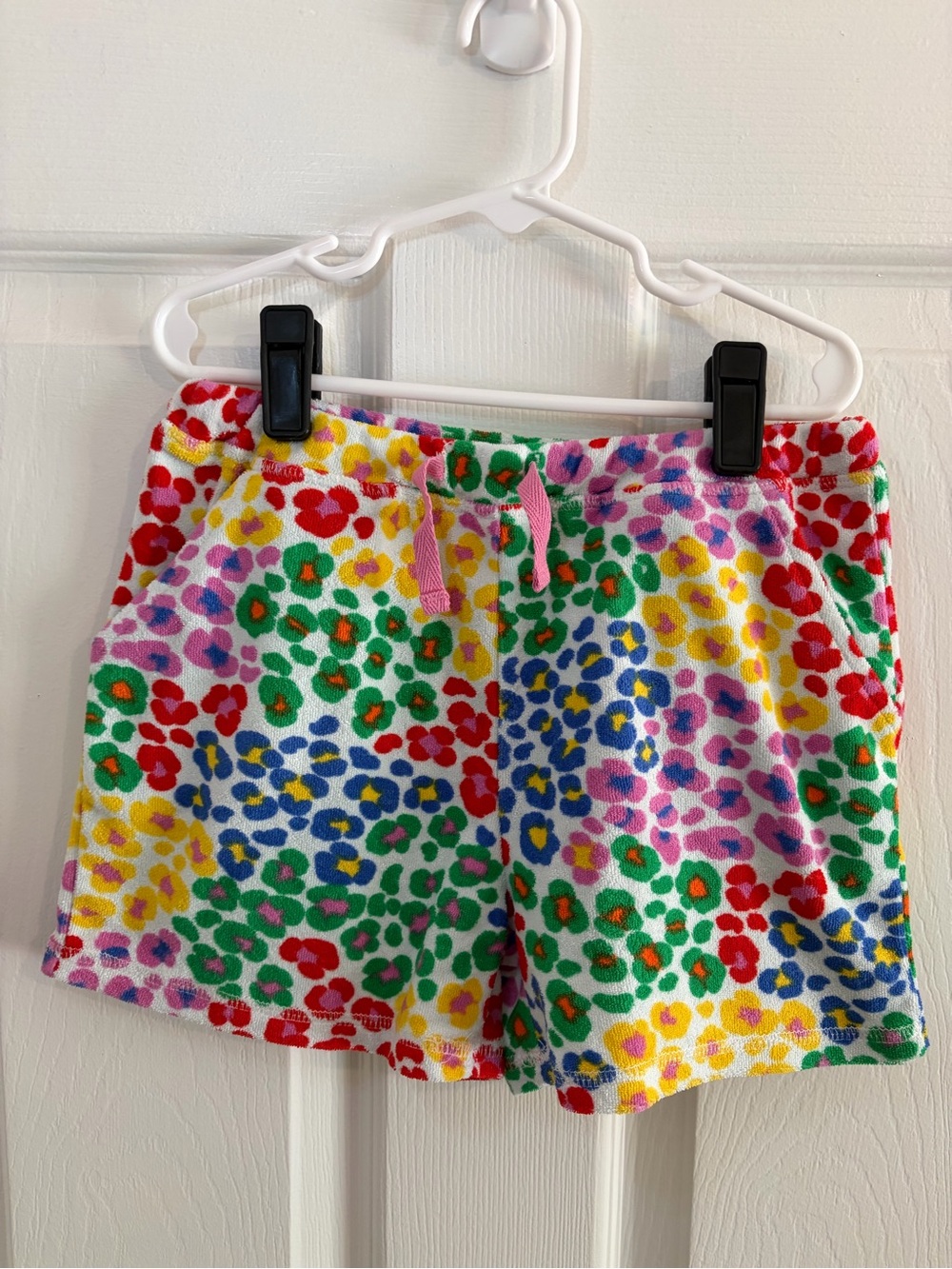 Mini Boden Multicolor Leopard Print Terry Shorts with Pink Drawstring